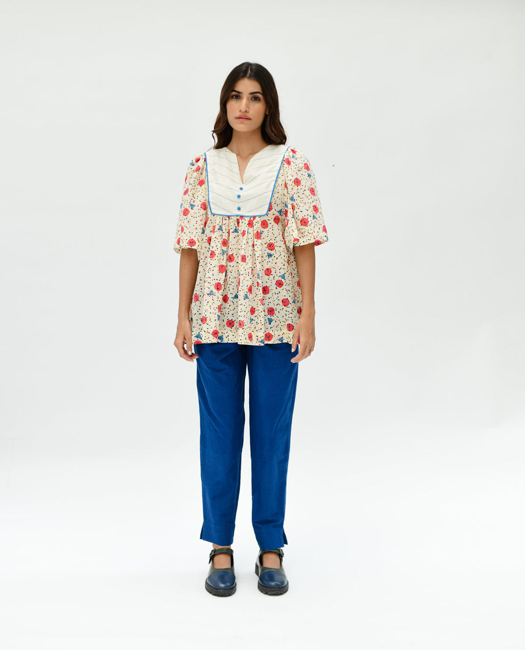 Multicolor Tunic Top at Kamakhyaa by Rias Jaipur. This item is 100% Organic Cotton, Casual Wear, Handblock Printed, Handspun, Handwoven, Off-White, Prints, Relaxed Fit, Tunic Tops, Void, Womenswear