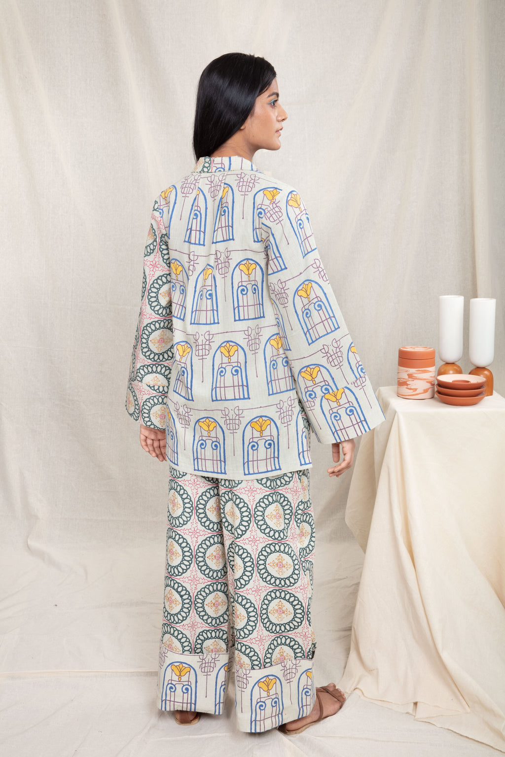 Multicolor Wide Color Pants at Kamakhyaa by Anushé Pirani. This item is Block Prints, Fitted At Waist, Handwoven Cotton, Lounge Wear, Multicolor, Natural, Palazzo Pants, Prints, Recurring Dream Collection, Womenswear
