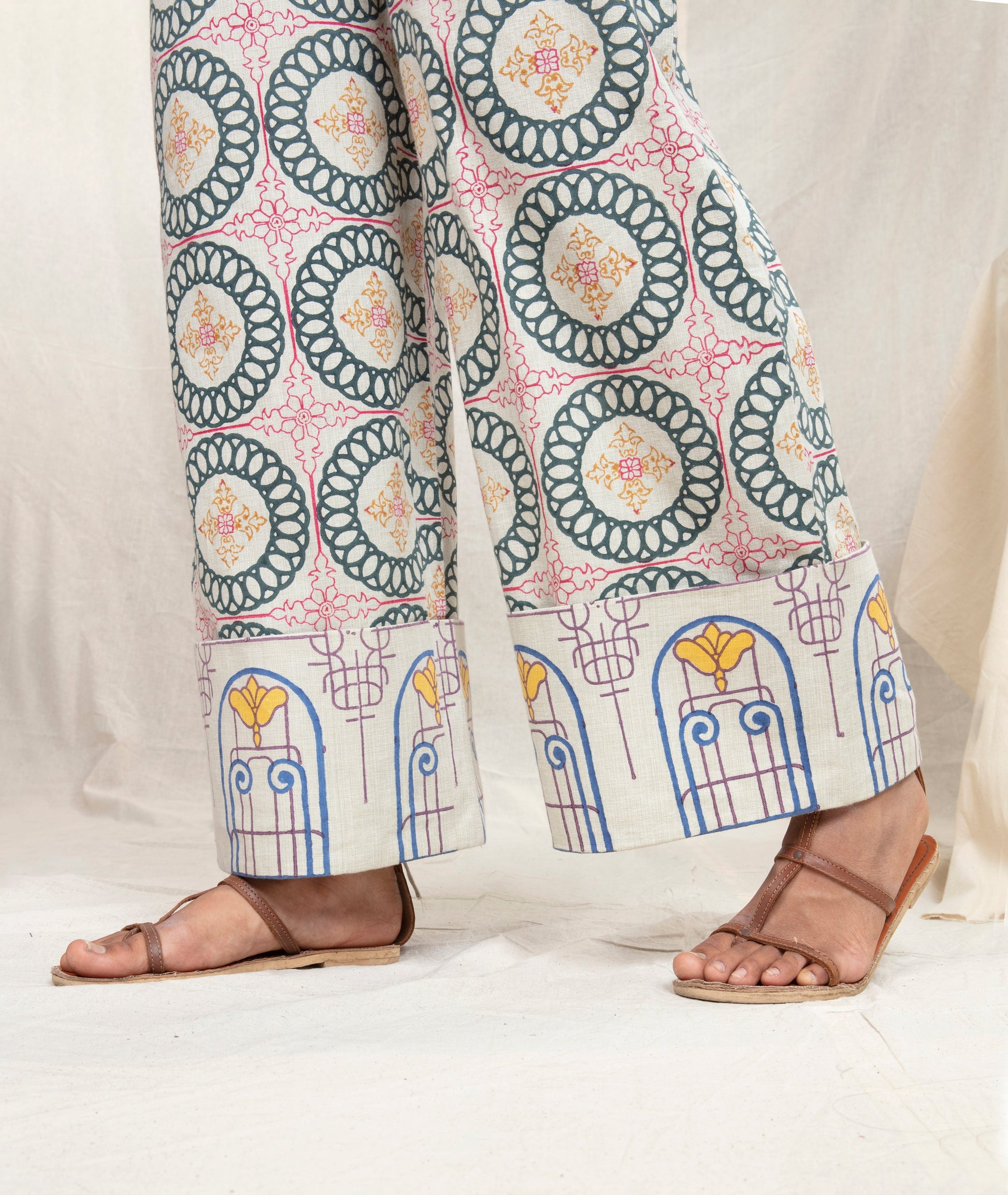 Multicolor Wide Color Pants at Kamakhyaa by Anushé Pirani. This item is Block Prints, Fitted At Waist, Handwoven Cotton, Lounge Wear, Multicolor, Natural, Palazzo Pants, Prints, Recurring Dream Collection, Womenswear
