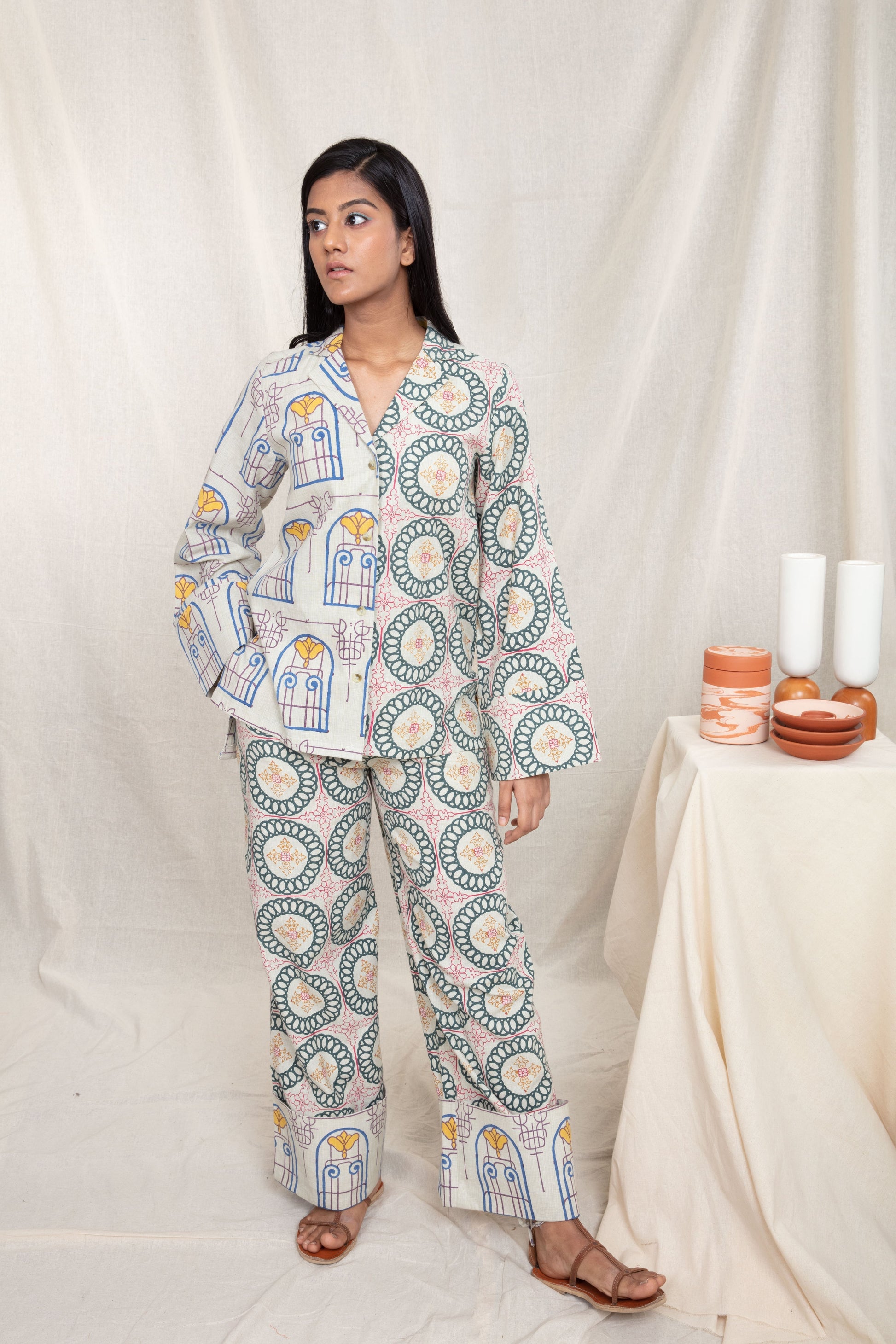 Multicolor Wide Color Pants at Kamakhyaa by Anushé Pirani. This item is Block Prints, Fitted At Waist, Handwoven Cotton, Lounge Wear, Multicolor, Natural, Palazzo Pants, Prints, Recurring Dream Collection, Womenswear