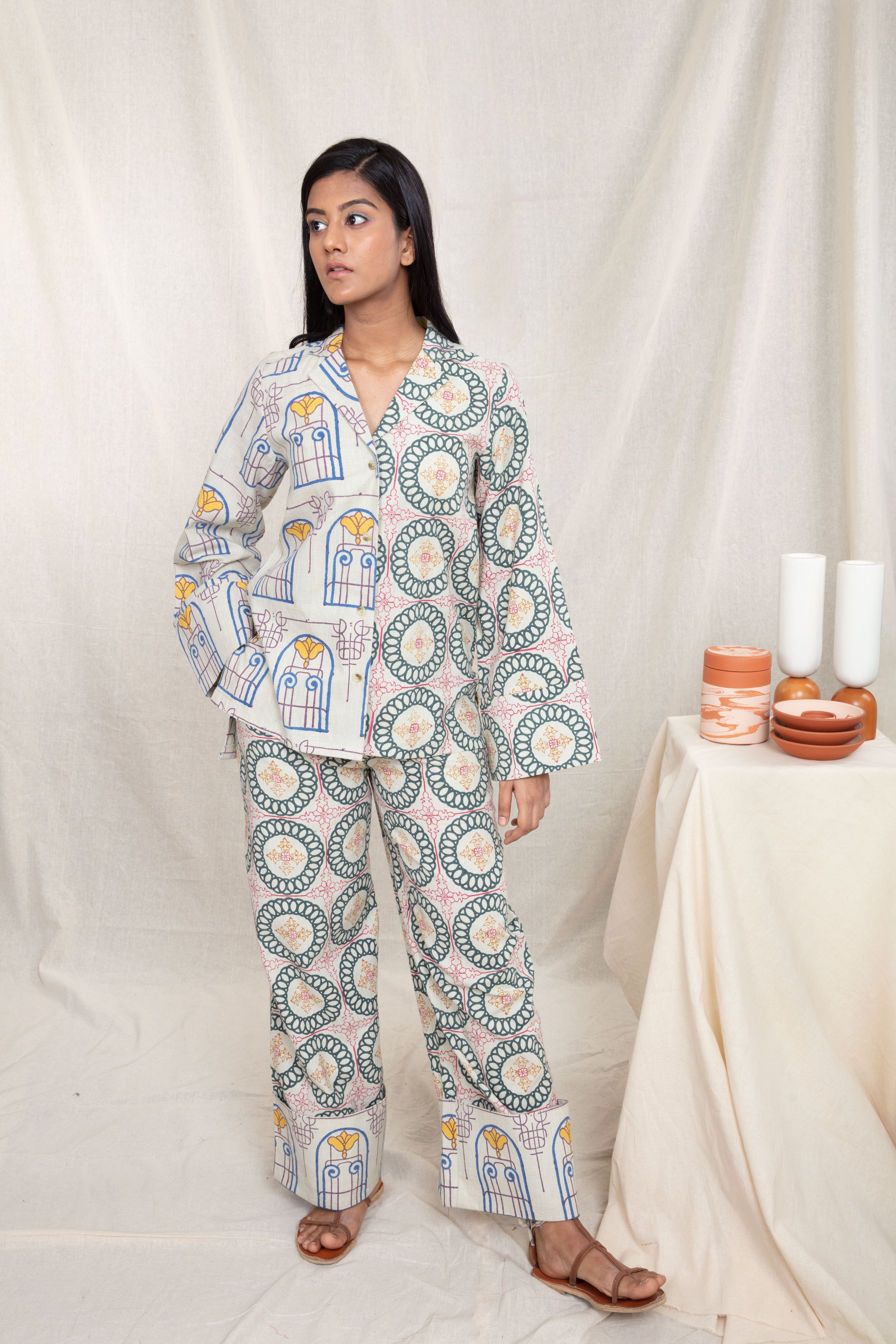 Multicolor Wide Color Pants at Kamakhyaa by Anushé Pirani. This item is Block Prints, Fitted At Waist, Handwoven Cotton, Lounge Wear, Multicolor, Natural, Palazzo Pants, Prints, Recurring Dream Collection, Womenswear