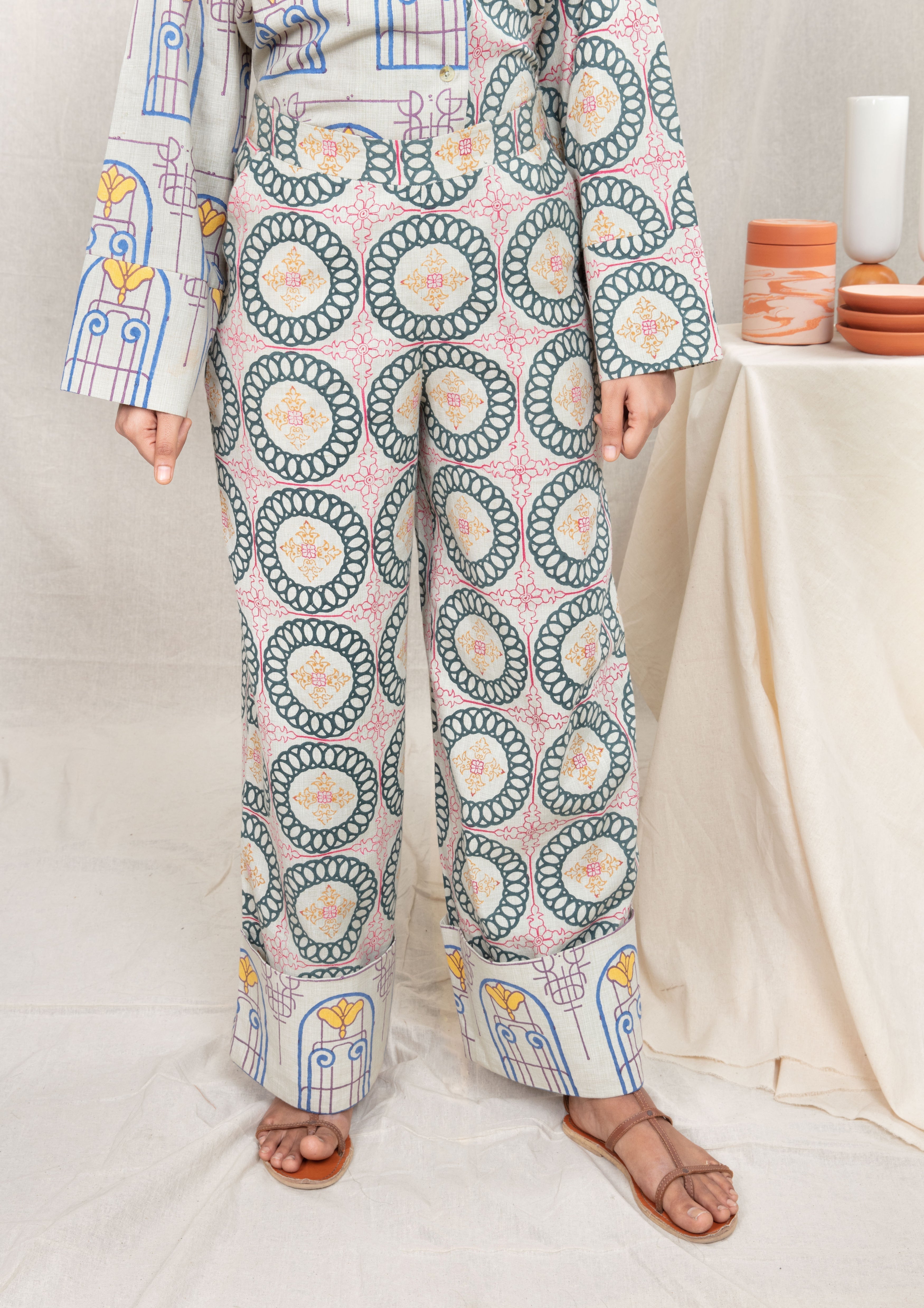 Multicolor Wide Color Pants at Kamakhyaa by Anushé Pirani. This item is Block Prints, Fitted At Waist, Handwoven Cotton, Lounge Wear, Multicolor, Natural, Palazzo Pants, Prints, Recurring Dream Collection, Womenswear