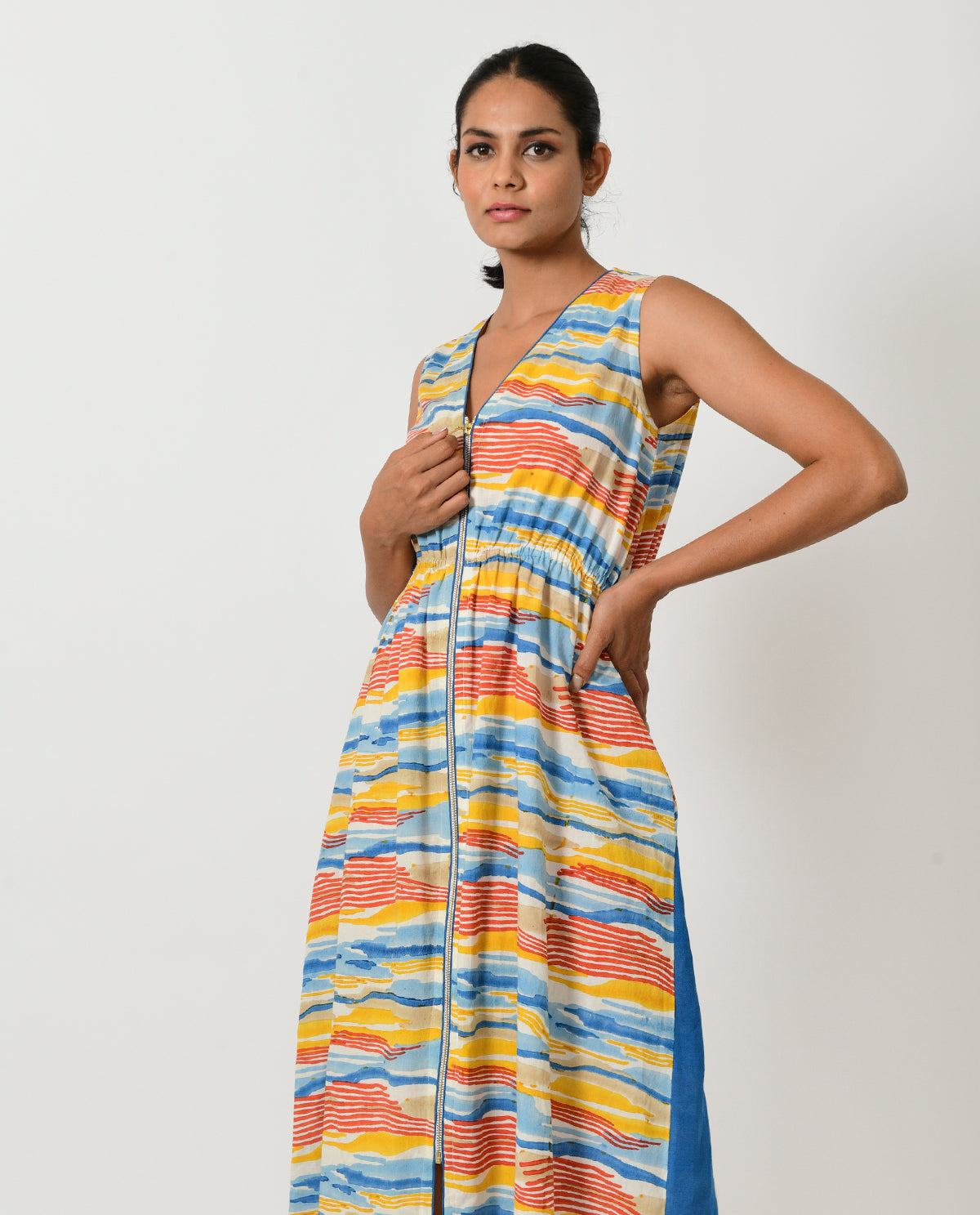 Multicolor Zipped Dress at Kamakhyaa by Rias Jaipur. This item is 100% Organic Cotton, Block Prints, Casual Wear, Midi Dresses, Multicolor, Natural, Regular Fit, Scribble Prints, Sleeveless Dresses, Womenswear, Yaadein