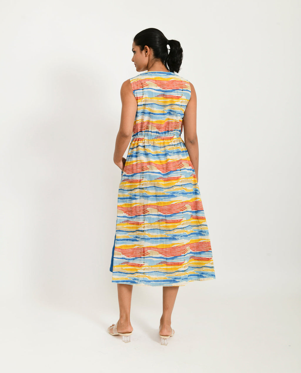 Multicolor Zipped Dress at Kamakhyaa by Rias Jaipur. This item is 100% Organic Cotton, Block Prints, Casual Wear, Midi Dresses, Multicolor, Natural, Regular Fit, Scribble Prints, Sleeveless Dresses, Womenswear, Yaadein