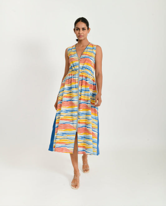 Multicolor Zipped Dress at Kamakhyaa by Rias Jaipur. This item is 100% Organic Cotton, Block Prints, Casual Wear, Midi Dresses, Multicolor, Natural, Regular Fit, Scribble Prints, Sleeveless Dresses, Womenswear, Yaadein