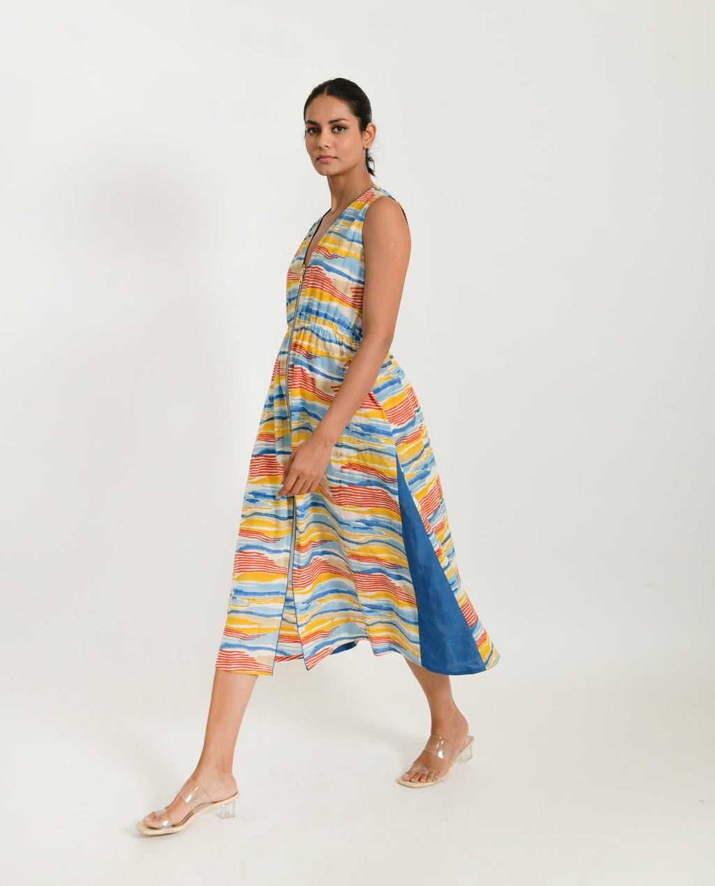 Multicolor Zipped Dress at Kamakhyaa by Rias Jaipur. This item is 100% Organic Cotton, Block Prints, Casual Wear, Midi Dresses, Multicolor, Natural, Regular Fit, Scribble Prints, Sleeveless Dresses, Womenswear, Yaadein