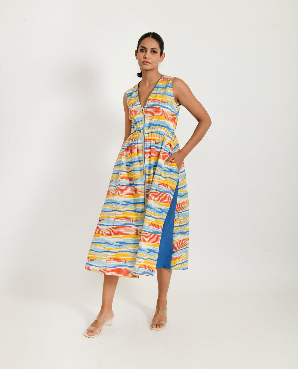 Multicolor Zipped Dress at Kamakhyaa by Rias Jaipur. This item is 100% Organic Cotton, Block Prints, Casual Wear, Midi Dresses, Multicolor, Natural, Regular Fit, Scribble Prints, Sleeveless Dresses, Womenswear, Yaadein
