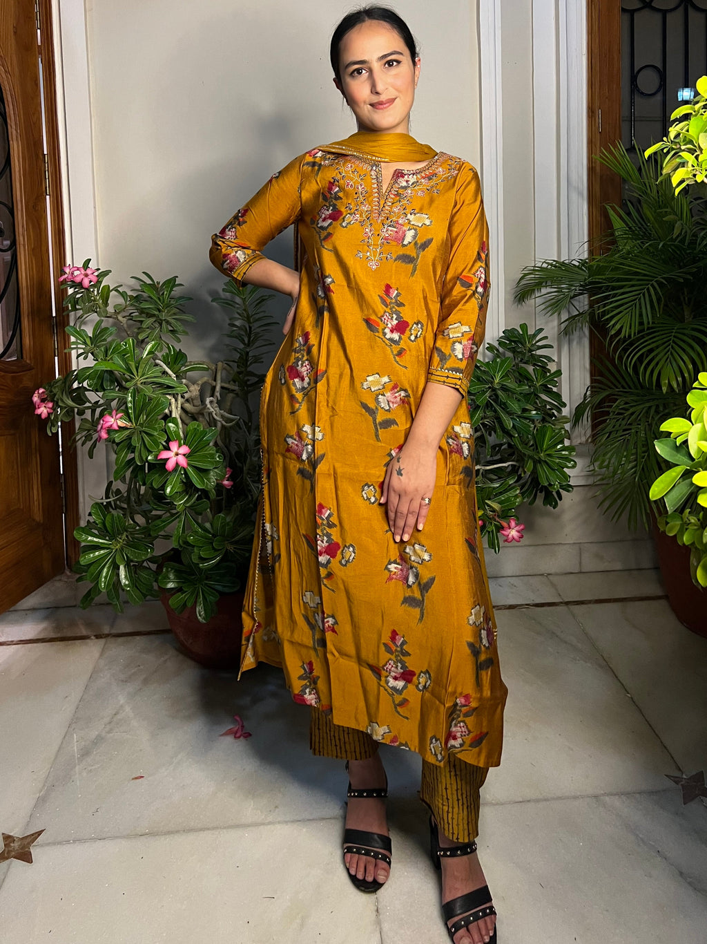 Mustard Kurta Set With Dupatta at Kamakhyaa by Kamakhyaa. This item is Ethnic Wear, Kurta Pant Sets, Kurta Set with Dupattas, Mustard, Natural, Prints, Rayon, Regular Fit, Womenswear