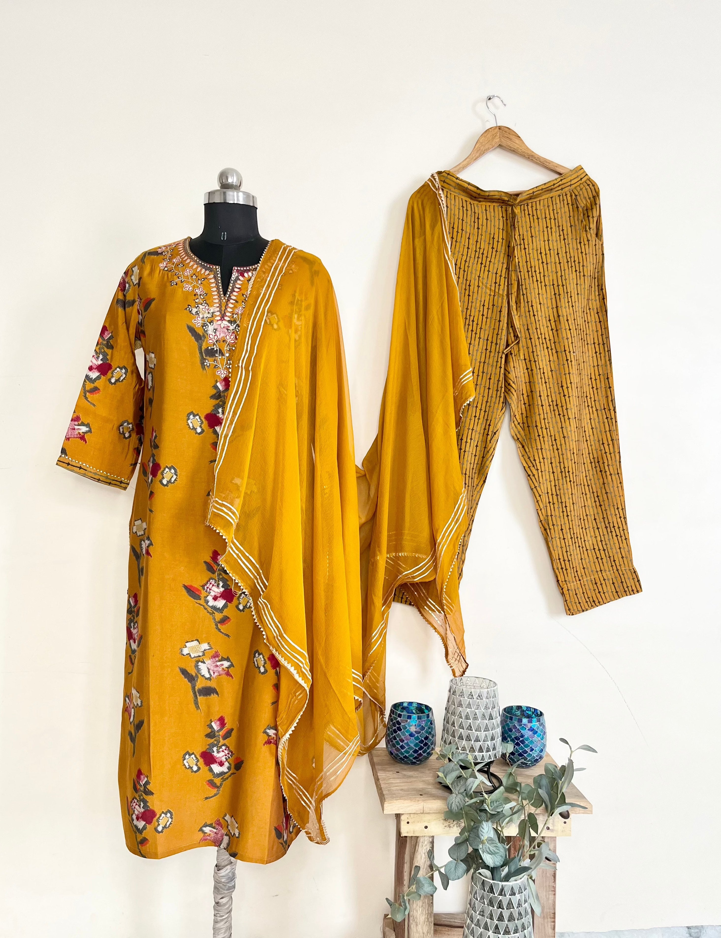 Mustard Kurta Set With Dupatta at Kamakhyaa by Kamakhyaa. This item is Ethnic Wear, Kurta Pant Sets, Kurta Set with Dupattas, Mustard, Natural, Prints, Rayon, Regular Fit, Womenswear