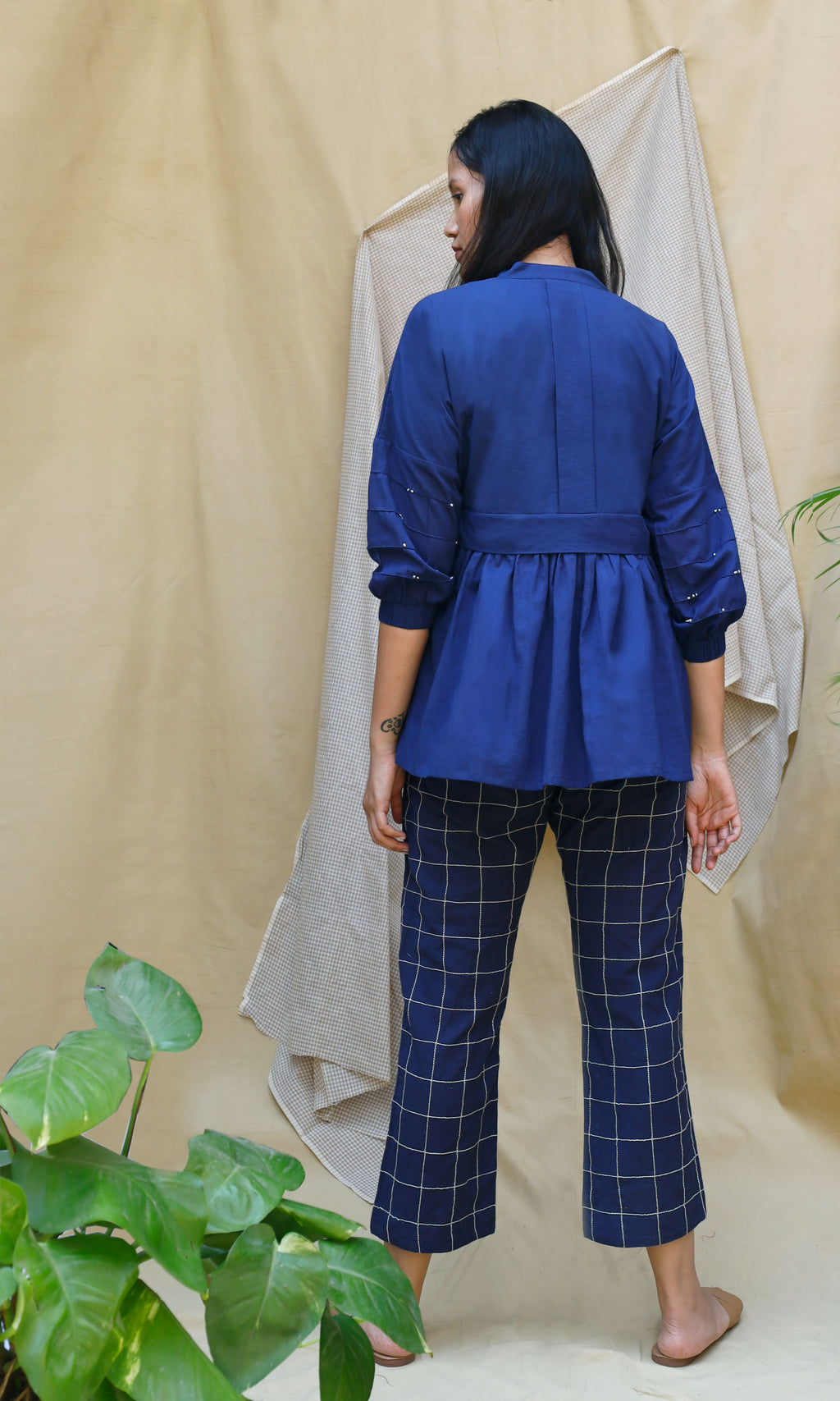 Navy Blue Checks Cord Set at Kamakhyaa by Chambray & Co.. This item is Blue, Casual Wear, Co-ord Sets, Echo, Hand Spun Cotton, Linen, Natural, party, Party Wear Co-ords, Regular Fit, Solids, Womenswear