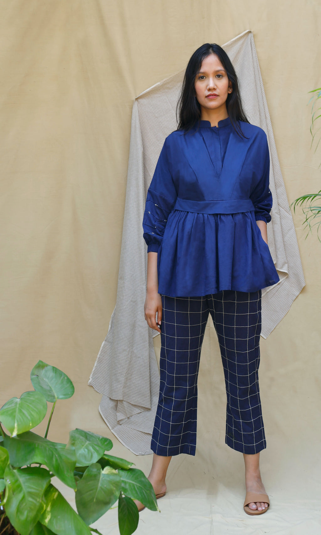 Navy Blue Checks Cord Set at Kamakhyaa by Chambray & Co.. This item is Blue, Casual Wear, Co-ord Sets, Echo, Hand Spun Cotton, Linen, Natural, party, Party Wear Co-ords, Regular Fit, Solids, Womenswear
