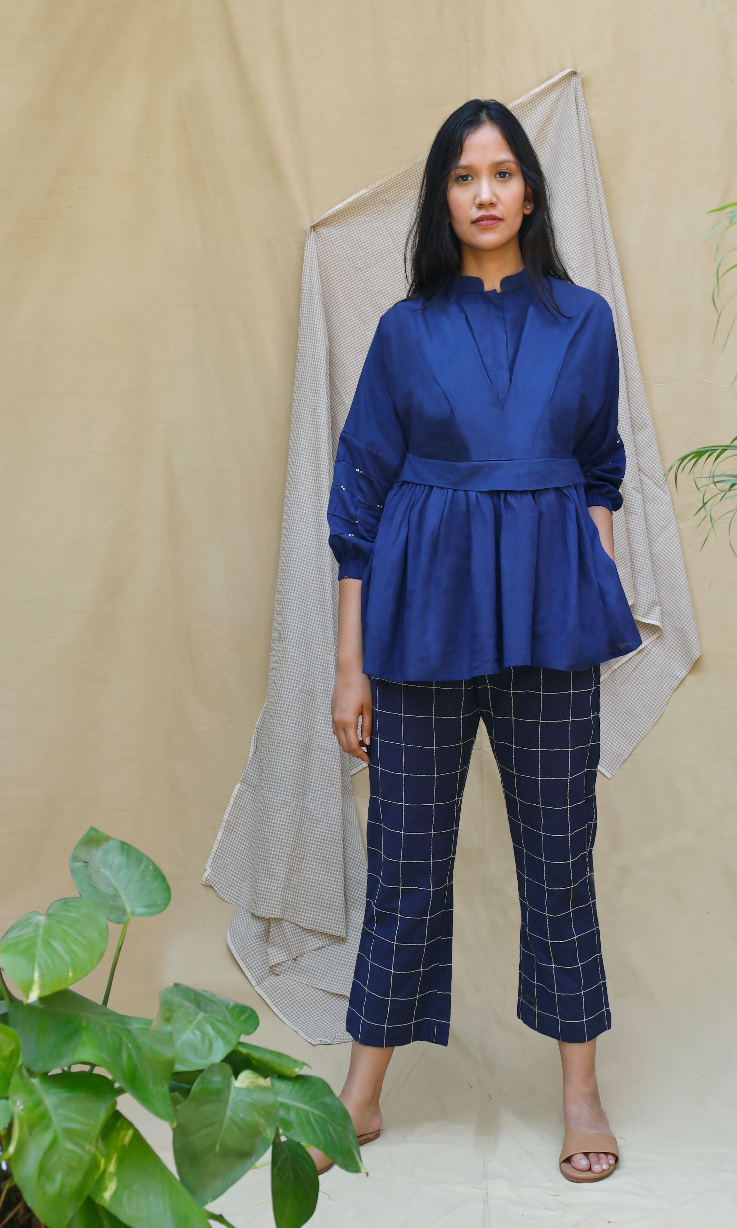 Navy Blue Checks Cord Set at Kamakhyaa by Chambray & Co.. This item is Blue, Casual Wear, Co-ord Sets, Echo, Hand Spun Cotton, Linen, Natural, party, Party Wear Co-ords, Regular Fit, Solids, Womenswear