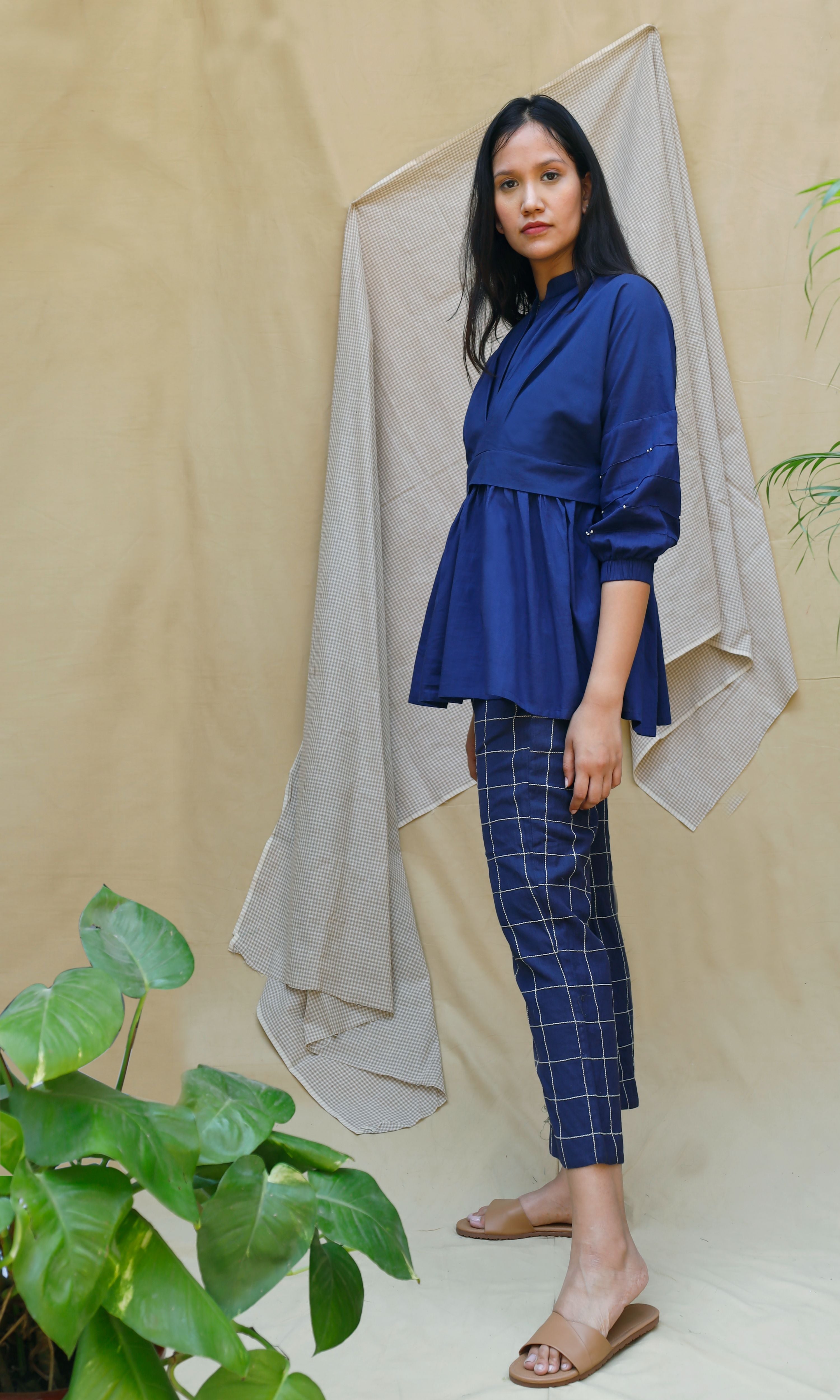 Navy Blue Checks Cord Set at Kamakhyaa by Chambray & Co.. This item is Blue, Casual Wear, Co-ord Sets, Echo, Hand Spun Cotton, Linen, Natural, party, Party Wear Co-ords, Regular Fit, Solids, Womenswear