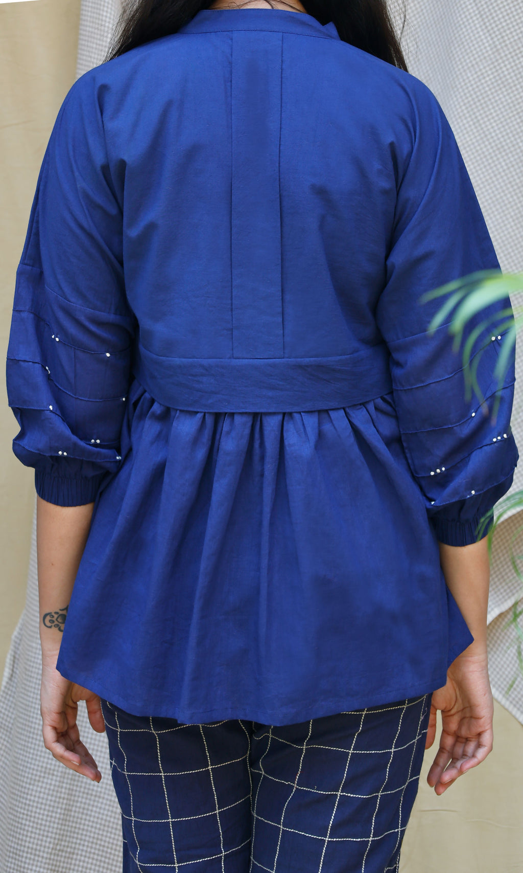 Navy Blue Checks Cord Set at Kamakhyaa by Chambray & Co.. This item is Blue, Casual Wear, Co-ord Sets, Echo, Hand Spun Cotton, Linen, Natural, party, Party Wear Co-ords, Regular Fit, Solids, Womenswear
