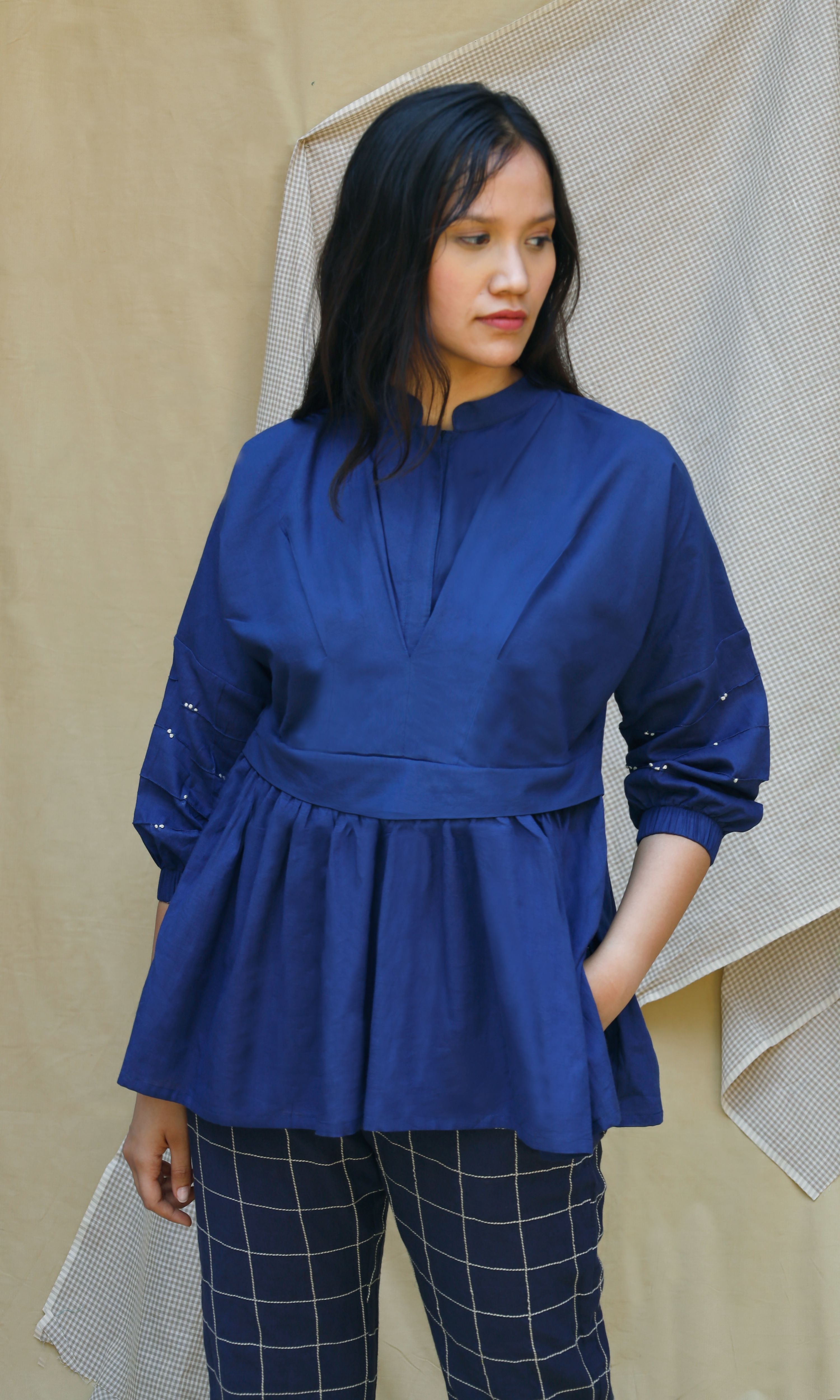 Navy Blue Checks Cord Set at Kamakhyaa by Chambray & Co.. This item is Blue, Casual Wear, Co-ord Sets, Echo, Hand Spun Cotton, Linen, Natural, party, Party Wear Co-ords, Regular Fit, Solids, Womenswear