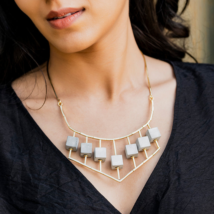 Necklaces Obtuse Angle at Kamakhyaa by Edenek. This item is Brass, Concrete, Fashion Jewellery, Free Size, Grey, jewelry, Natural, Necklaces, Party Wear, Solids, Statement Jewellery