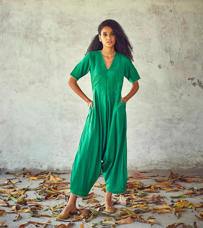 Neem Jumpsuit at Kamakhyaa by Khara Kapas. This item is Casual Wear, Cotton, Green, Jumpsuits, Organic, Rang Festive 22, Regular Fit, Solids, Womenswear