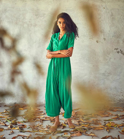 Neem Jumpsuit at Kamakhyaa by Khara Kapas. This item is Casual Wear, Cotton, Green, Jumpsuits, Organic, Rang Festive 22, Regular Fit, Solids, Womenswear