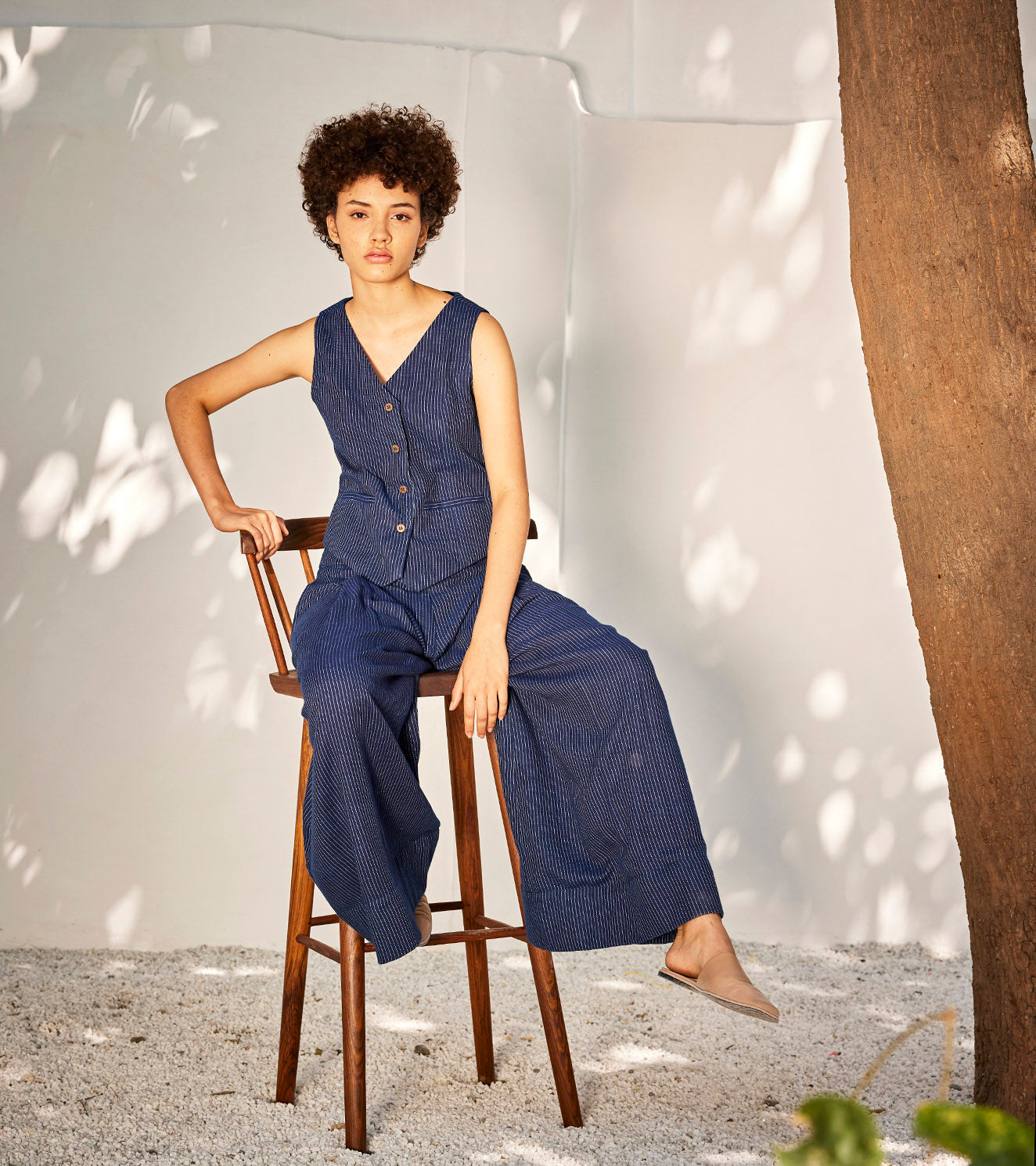 Neverland Co-ord Set at Kamakhyaa by Khara Kapas. This item is Blue, Casual Wear, Co-ord Sets, Gauge Cotton, Office Wear Co-ords, Oh! Sussana Spring 2023, Organic, Regular Fit, Solids, Vacation, Vacation Co-ords, Womenswear