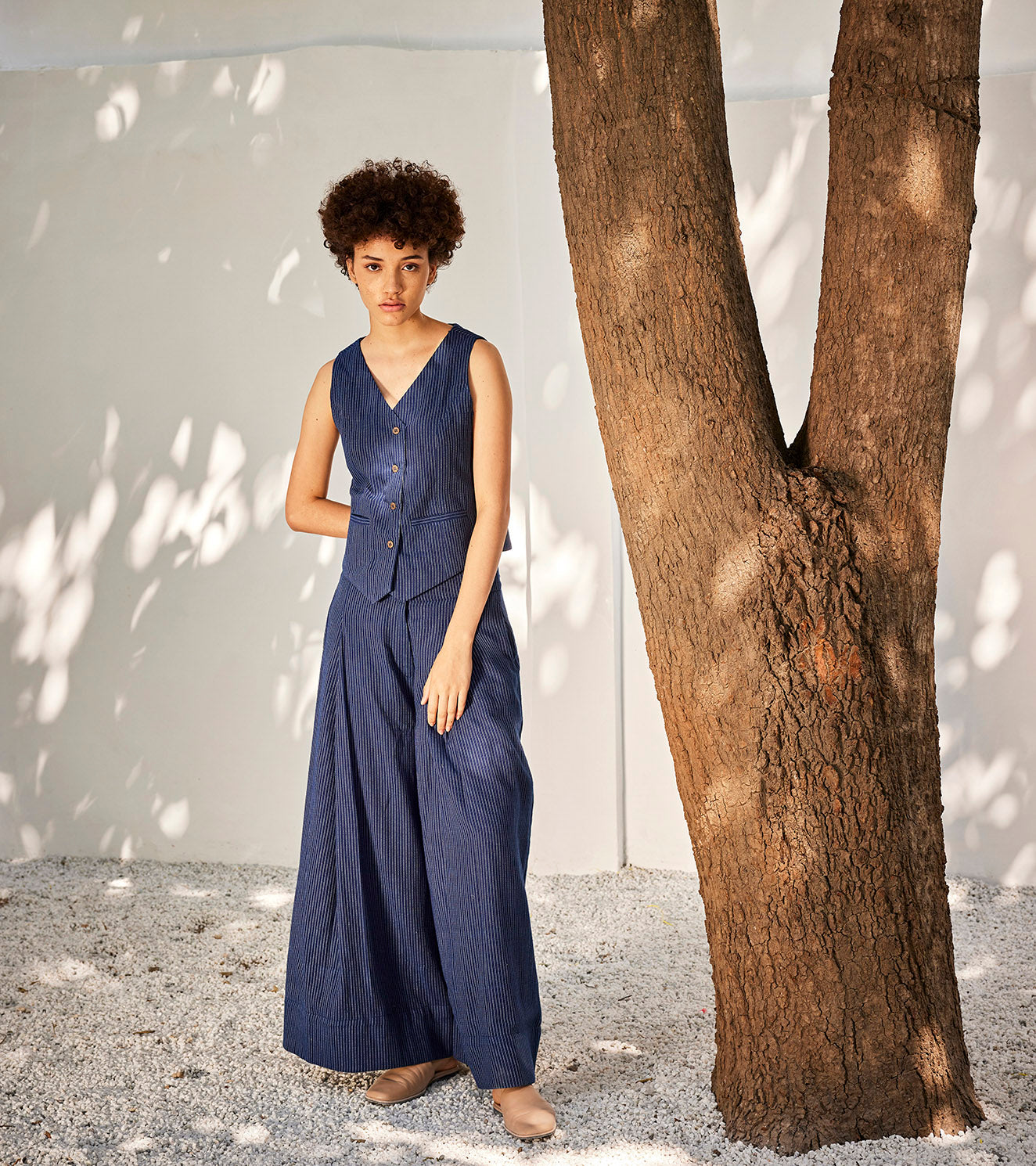 Neverland Co-ord Set at Kamakhyaa by Khara Kapas. This item is Blue, Casual Wear, Co-ord Sets, Gauge Cotton, Office Wear Co-ords, Oh! Sussana Spring 2023, Organic, Regular Fit, Solids, Vacation, Vacation Co-ords, Womenswear