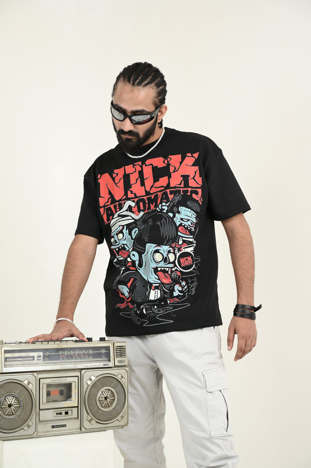 Nick Automatic 100% Cotton Oversized Black T-shirt at Kamakhyaa by Unfussy. This item is 100% cotton, Black, Casual Wear, Organic, Oversized Fit, Printed, T-Shirts, Unfussy, Unisex, Womenswear