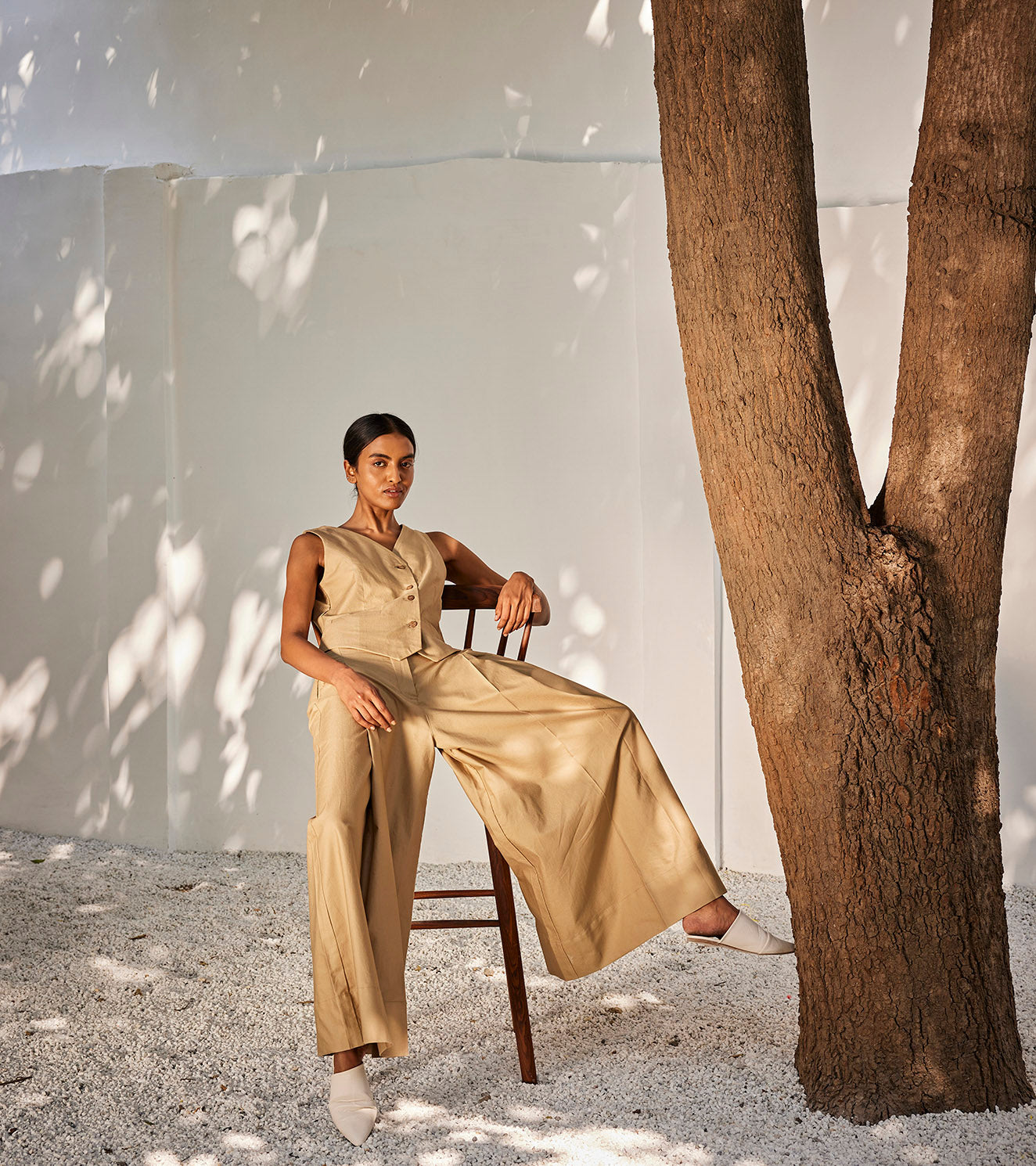Nocturnal Days co-ord Set at Kamakhyaa by Khara Kapas. This item is Beige, Casual Wear, Co-ord Sets, Office Wear Co-ords, Oh! Sussana Spring 2023, Organic, Regular Fit, Solids, Twill Cotton, Vacation, Vacation Co-ords, Womenswear