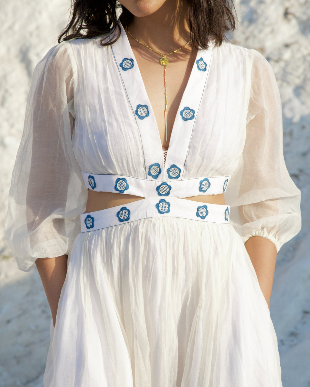 Oceanic Coconut Dress at Kamakhyaa by The Loom Art. This item is Aurora SS24, Best Selling, Casual Wear, Chanderi Silk, Cut Out Dresses, Embroidered, FB ADS JUNE, July Sale, July Sale 2023, Maxi Dresses, Ombre & Dyes, Organic, Regular Fit, White, Womenswear