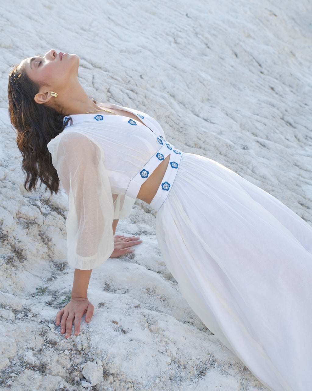 Oceanic Coconut Dress at Kamakhyaa by The Loom Art. This item is Aurora SS24, Best Selling, Casual Wear, Chanderi Silk, Cut Out Dresses, Embroidered, FB ADS JUNE, July Sale, July Sale 2023, Maxi Dresses, Ombre & Dyes, Organic, Regular Fit, White, Womenswear