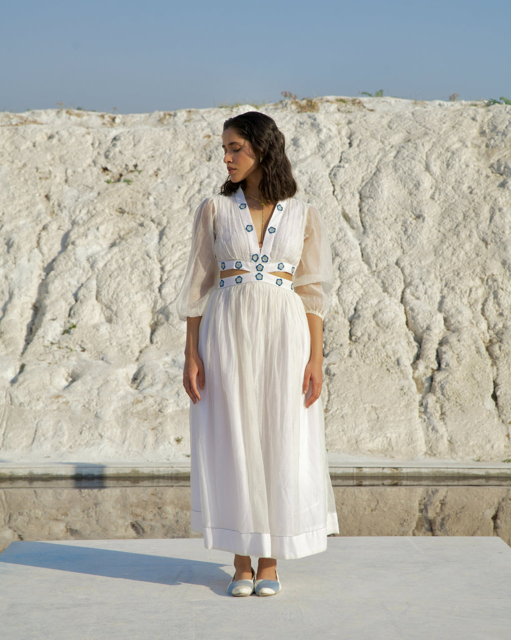 Oceanic Coconut Dress at Kamakhyaa by The Loom Art. This item is Aurora SS24, Best Selling, Casual Wear, Chanderi Silk, Cut Out Dresses, Embroidered, FB ADS JUNE, July Sale, July Sale 2023, Maxi Dresses, Ombre & Dyes, Organic, Regular Fit, White, Womenswear