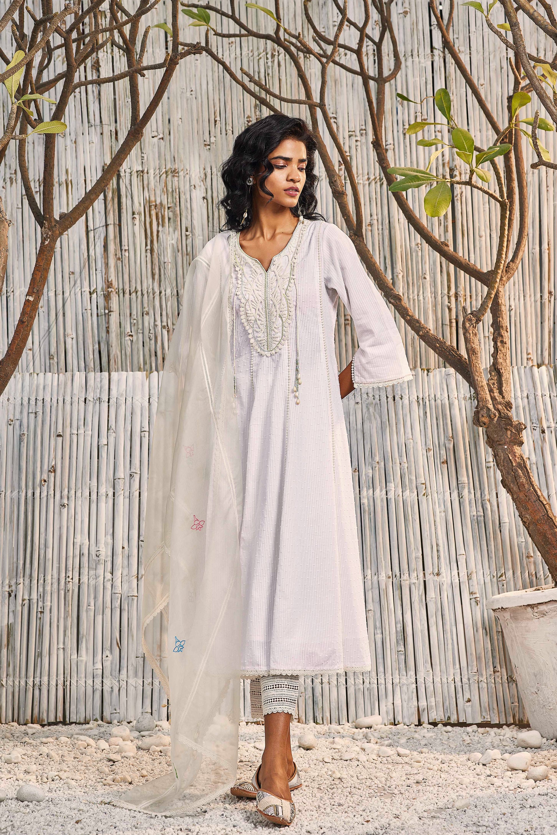 Off-White Flairy Cotton Kurta with Pant - Set of 3 at Kamakhyaa by Charkhee. This item is Cotton, Cotton Satin, Dobby Cotton, Festive Wear, Indian Wear, Kurta Pant Sets, Kurta Set With Dupatta, Natural, Off-white, Organza, Regular Fit, Shores 23, Textured, Womenswear