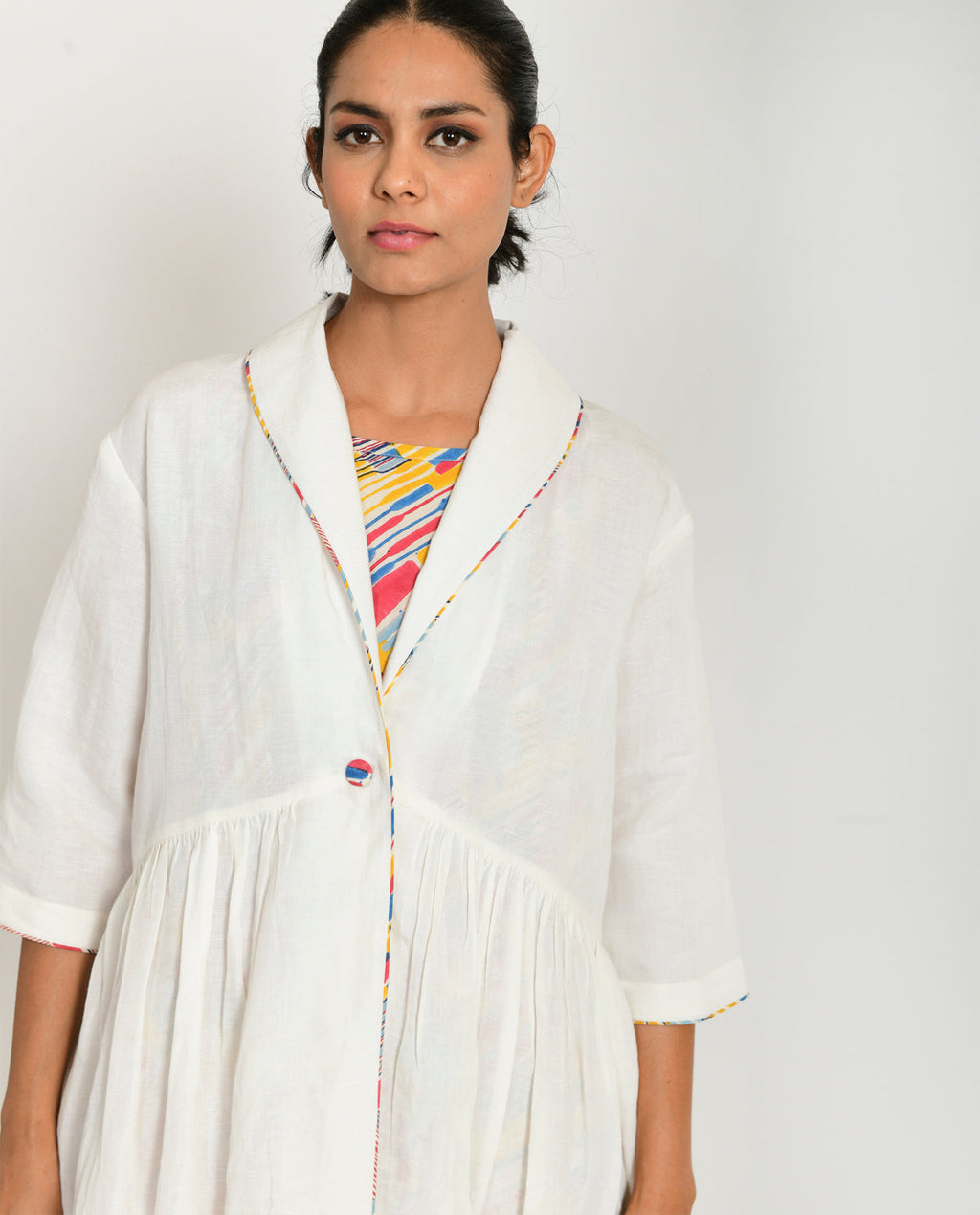 Off-White Linen Jacket at Kamakhyaa by Rias Jaipur. This item is Casual Wear, Jackets, Linen Blend, Natural, Relaxed Fit, Solids, White, Womenswear, Yaadein
