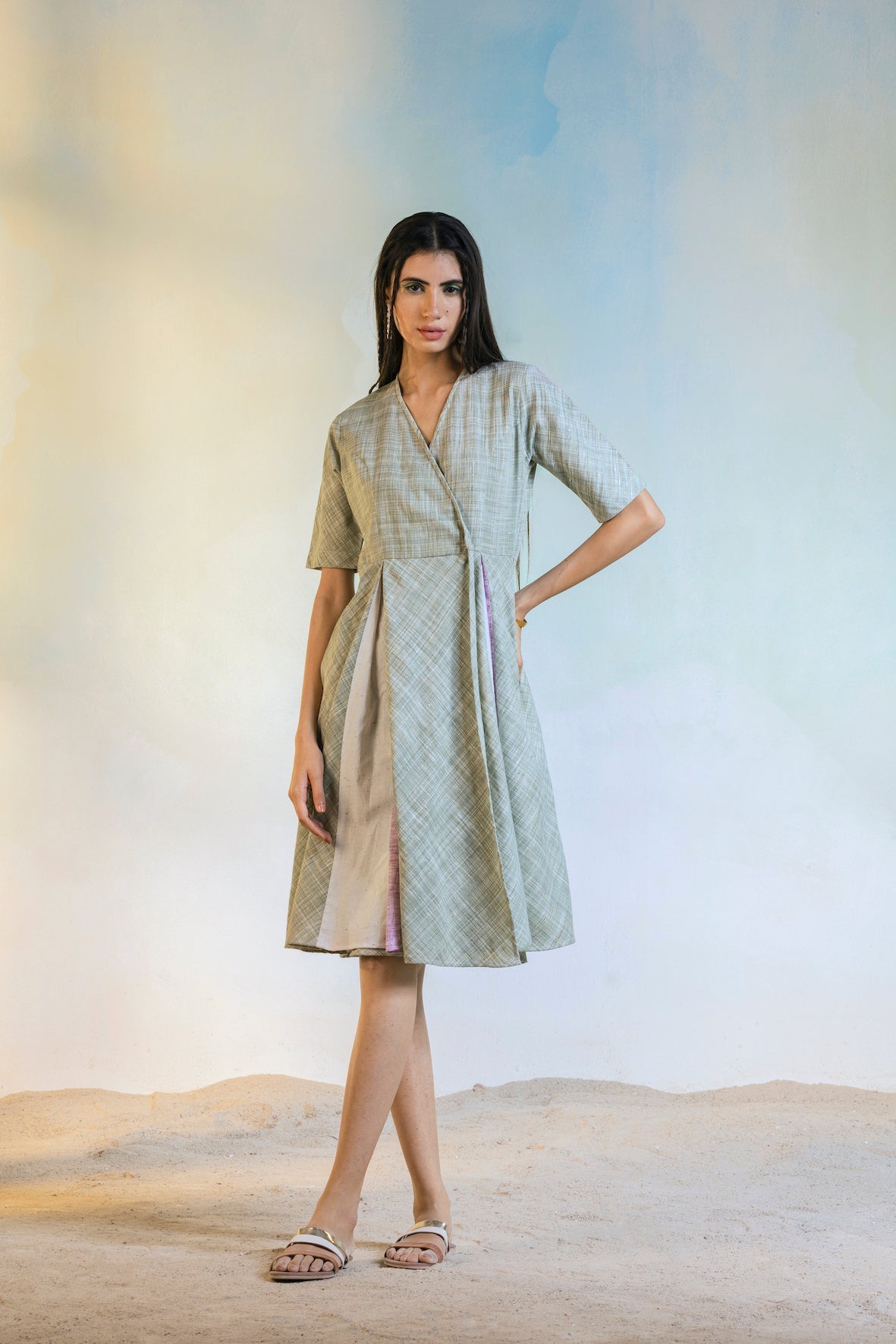 Off White Midi Wrap Dress at Kamakhyaa by Charkhee. This item is Casual Wear, Cotton, Green, Natural, Olive green, Regular Fit, Textured, Womenswear, Wrap Dresses