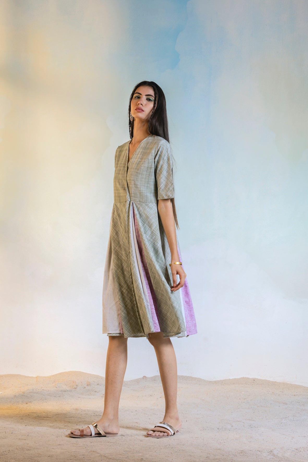 Off White Midi Wrap Dress at Kamakhyaa by Charkhee. This item is Casual Wear, Cotton, Green, Natural, Olive green, Regular Fit, Textured, Womenswear, Wrap Dresses