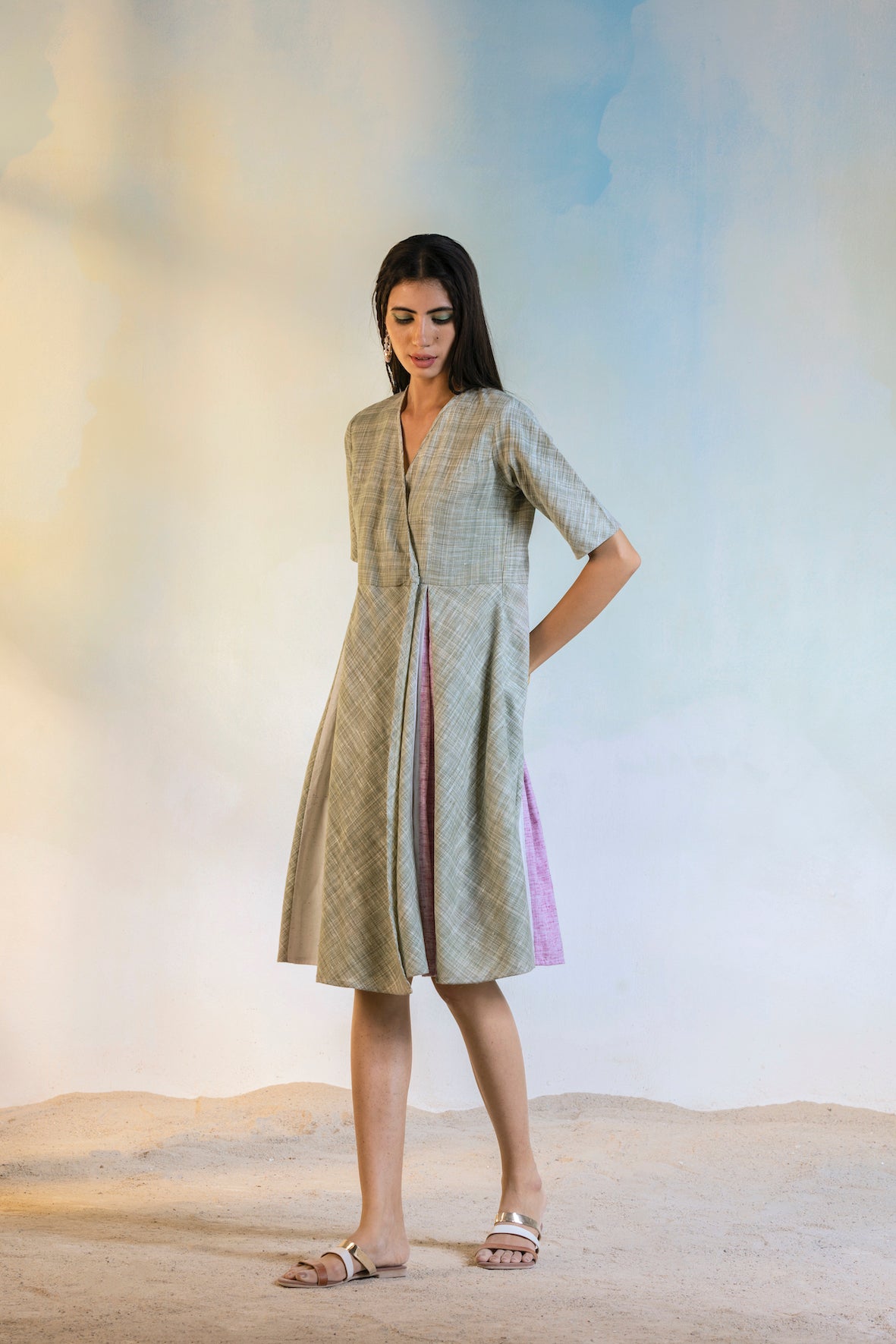 Off White Midi Wrap Dress at Kamakhyaa by Charkhee. This item is Casual Wear, Cotton, Green, Natural, Olive green, Regular Fit, Textured, Womenswear, Wrap Dresses