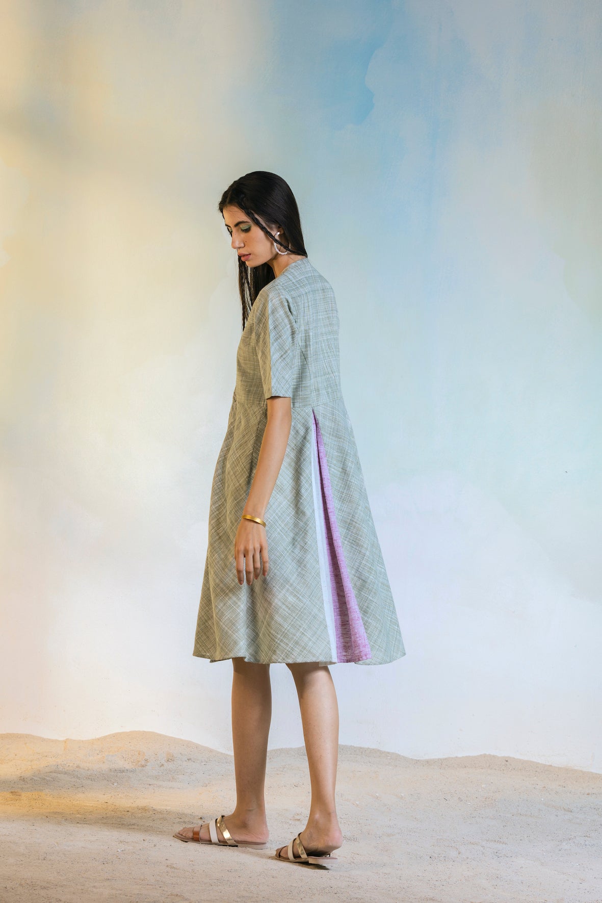 Off White Midi Wrap Dress at Kamakhyaa by Charkhee. This item is Casual Wear, Cotton, Green, Natural, Olive green, Regular Fit, Textured, Womenswear, Wrap Dresses