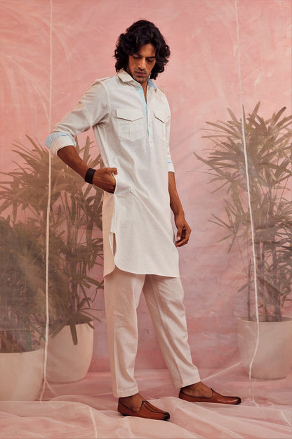 Off-White Pathani Kurta at Kamakhyaa by Charkhee. This item is Casual Wear, Cotton, For Father, Kurtas, Menswear, Natural, Regular Fit, Textured, Tops, White