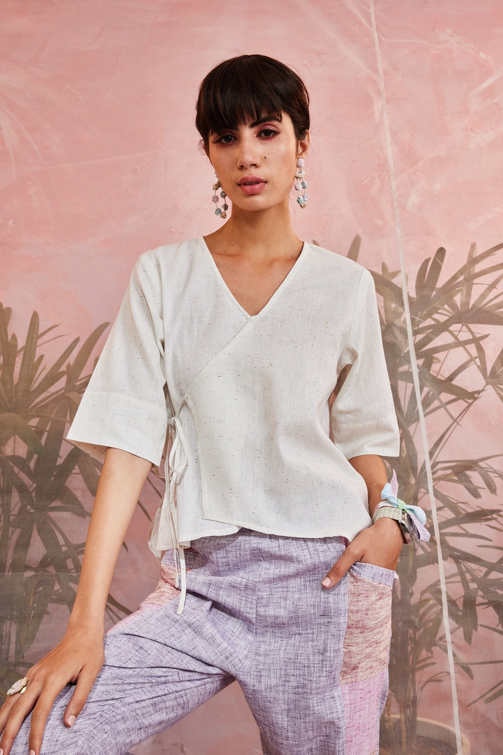Off-White Short Tie-Up Top at Kamakhyaa by Charkhee. This item is Casual Wear, Cotton, Less than $50, Natural, Regular Fit, Textured, Tops, White, Womenswear, Wrap Tops