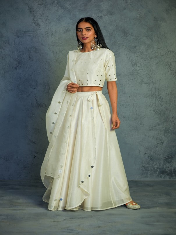 Buy Ivory White Abala Embroidered Lehenga And Blouse Set In Georgette