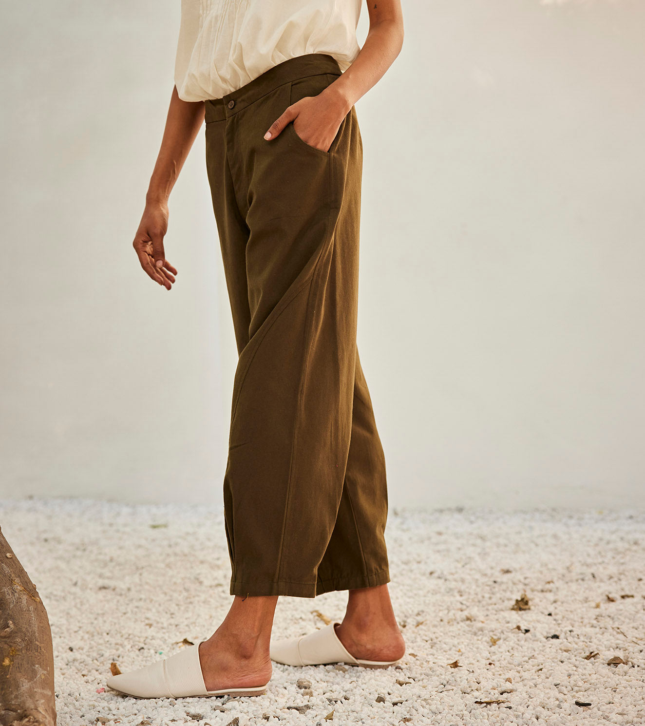 Olive Dreams Trouser at Kamakhyaa by Khara Kapas. This item is Casual Wear, Green, Oh! Sussana Spring 2023, Organic, Regular Fit, Solids, Trousers, Twill Cotton, Womenswear