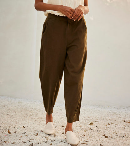 Olive Dreams Trouser at Kamakhyaa by Khara Kapas. This item is Casual Wear, Green, Oh! Sussana Spring 2023, Organic, Regular Fit, Solids, Trousers, Twill Cotton, Womenswear