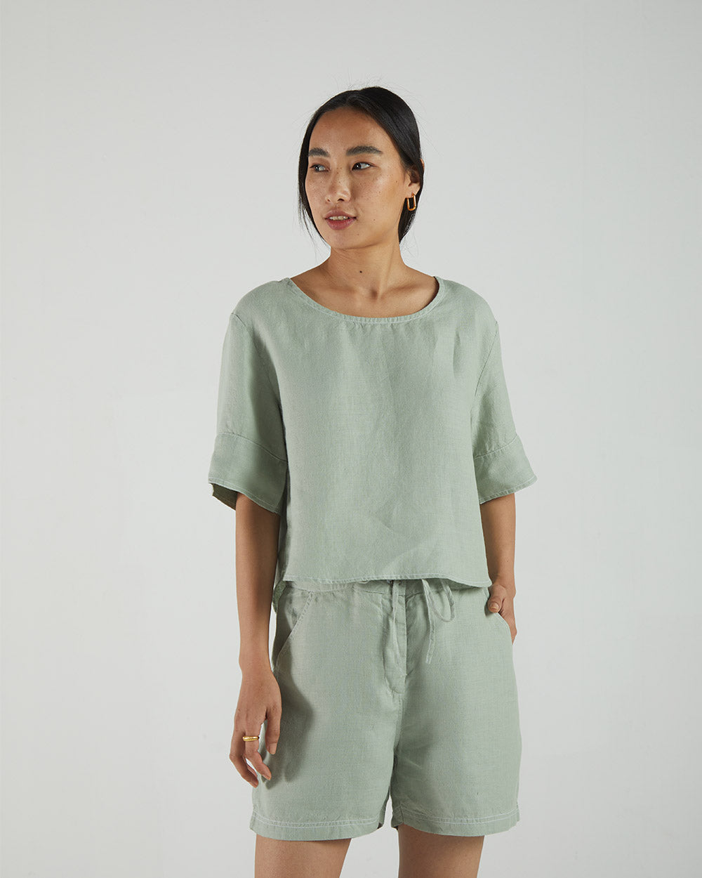 Olive Green Bemberg Shorts at Kamakhyaa by Reistor. This item is Bemberg, Casual Wear, Green, Hemp, Natural, Regular Fit, Shorts, Solids, Womenswear