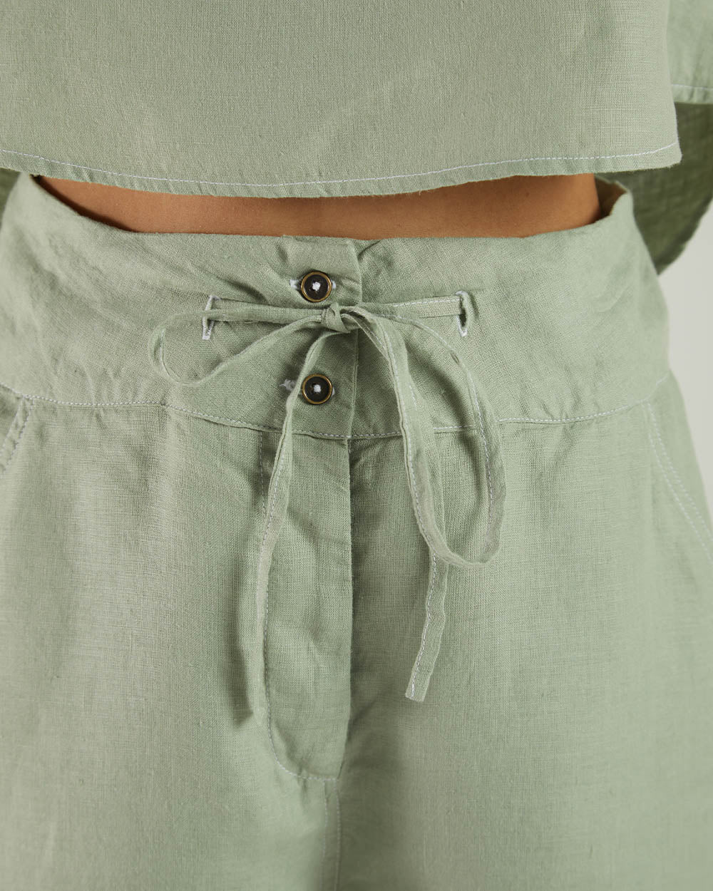 Olive Green Bemberg Shorts at Kamakhyaa by Reistor. This item is Bemberg, Casual Wear, Green, Hemp, Natural, Regular Fit, Shorts, Solids, Womenswear