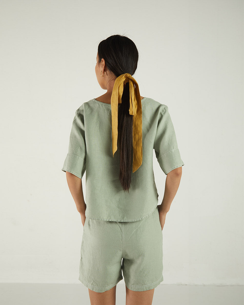 Olive Green Bemberg Shorts at Kamakhyaa by Reistor. This item is Bemberg, Casual Wear, Green, Hemp, Natural, Regular Fit, Shorts, Solids, Womenswear