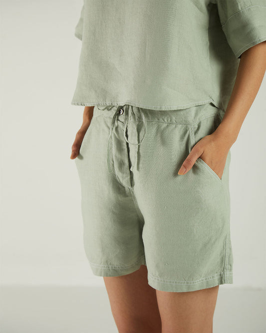 Olive Green Bemberg Shorts at Kamakhyaa by Reistor. This item is Bemberg, Casual Wear, Green, Hemp, Natural, Regular Fit, Shorts, Solids, Womenswear