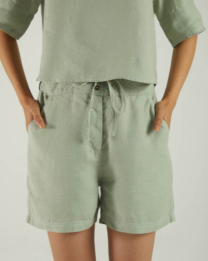 Olive Green Bemberg Shorts at Kamakhyaa by Reistor. This item is Bemberg, Casual Wear, Green, Hemp, Natural, Regular Fit, Shorts, Solids, Womenswear