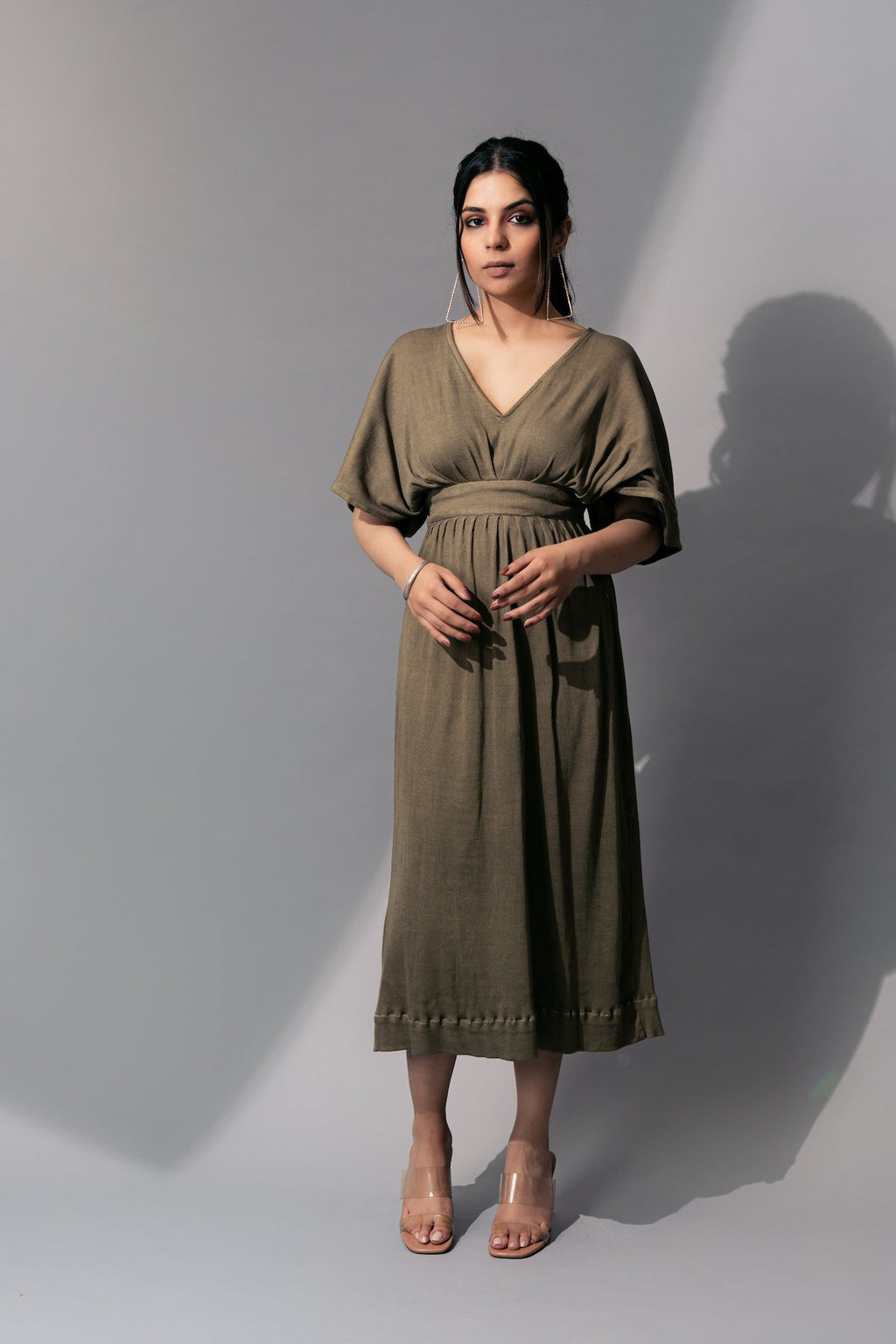 Olive Green Casual Midi Dress at Kamakhyaa by Meko Studio. This item is Casual Wear, Deadstock Fabrics, July Sale, July Sale 2023, Midi Dresses, Olive Green, Prints, Relaxed Fit, Reroot AW-21/22, Womenswear