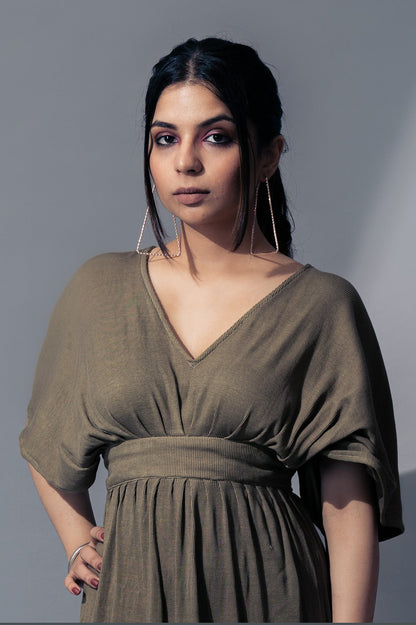 Olive Green Casual Midi Dress at Kamakhyaa by Meko Studio. This item is Casual Wear, Deadstock Fabrics, July Sale, July Sale 2023, Midi Dresses, Olive Green, Prints, Relaxed Fit, Reroot AW-21/22, Womenswear