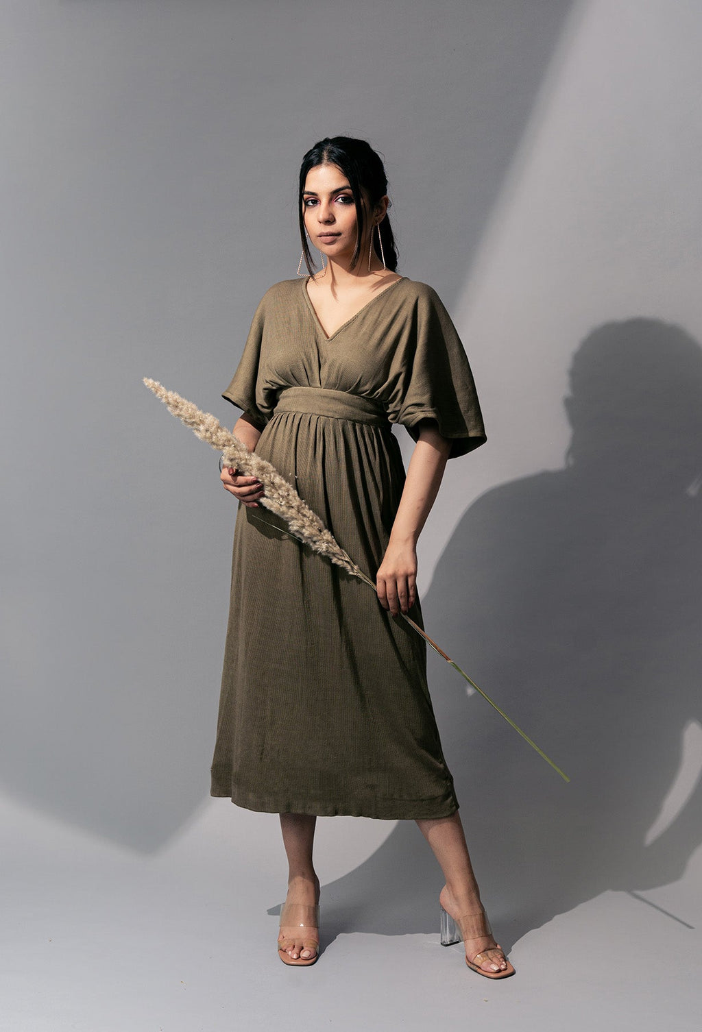 Olive Green Casual Midi Dress at Kamakhyaa by Meko Studio. This item is Casual Wear, Deadstock Fabrics, July Sale, July Sale 2023, Midi Dresses, Olive Green, Prints, Relaxed Fit, Reroot AW-21/22, Womenswear