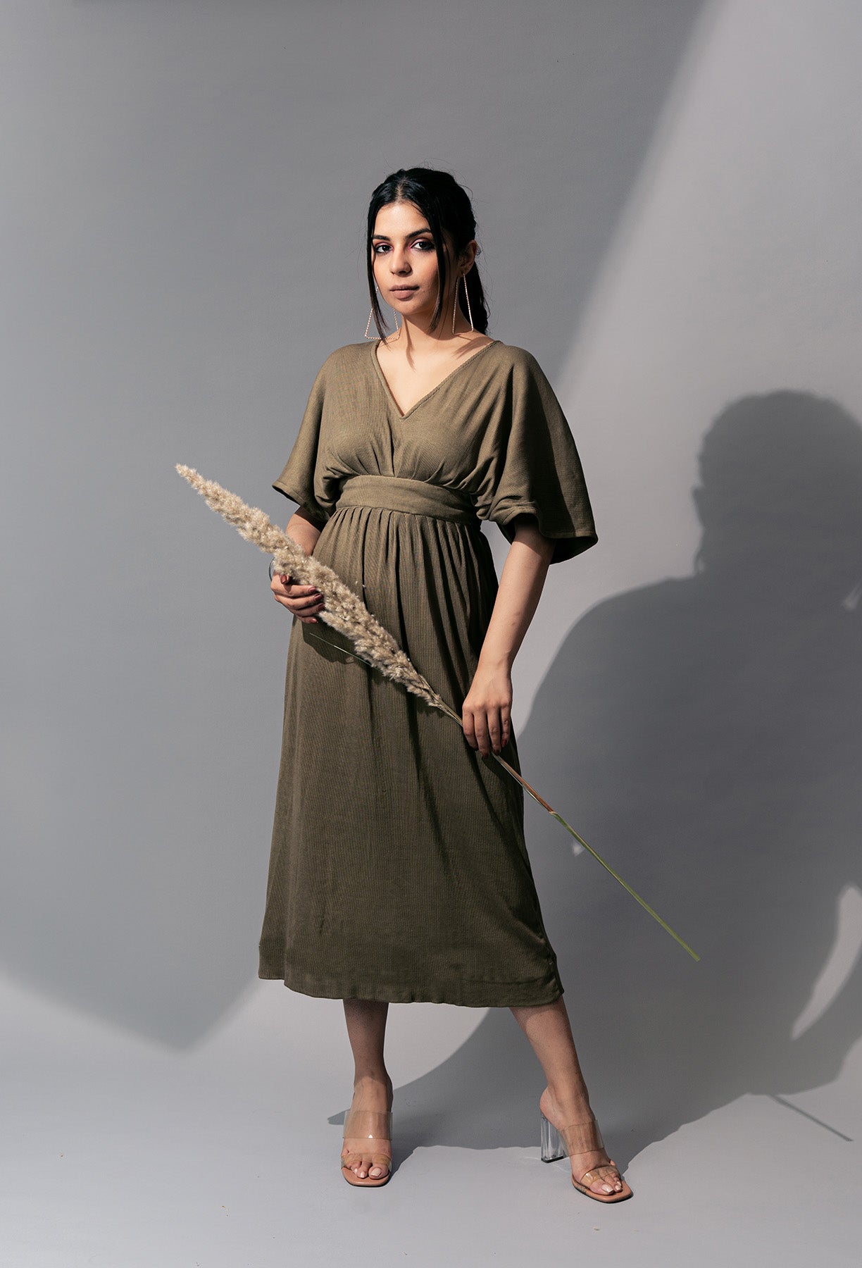 Olive Green Casual Midi Dress at Kamakhyaa by Meko Studio. This item is Casual Wear, Deadstock Fabrics, July Sale, July Sale 2023, Midi Dresses, Olive Green, Prints, Relaxed Fit, Reroot AW-21/22, Womenswear