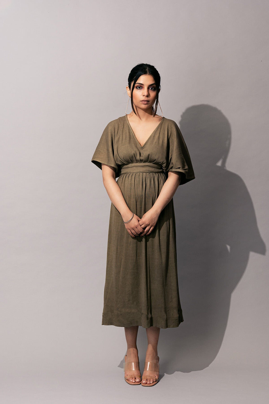 Olive Green Casual Midi Dress at Kamakhyaa by Meko Studio. This item is Casual Wear, Deadstock Fabrics, July Sale, July Sale 2023, Midi Dresses, Olive Green, Prints, Relaxed Fit, Reroot AW-21/22, Womenswear
